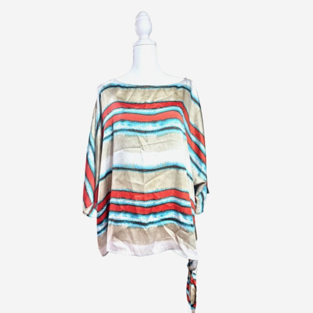 Vintage Michael Kors Plus Size 2X Flowy Blouse Blue‎ Orange Side Tie Boho Top